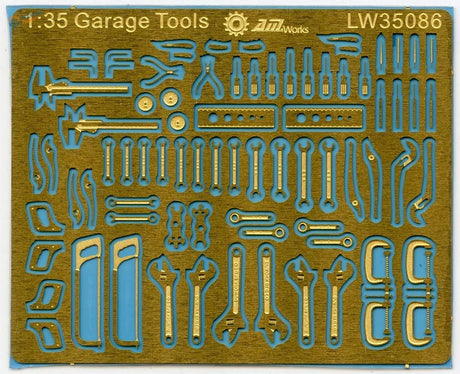 1/35 photoetch garage tools by 2mworks with gold blue metallic cutouts