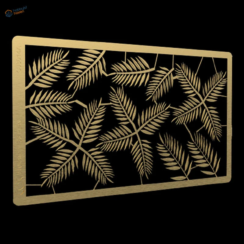 Golden laser-cut fern leaf stencil on wooden board, 1/35 photoetch tropical plants