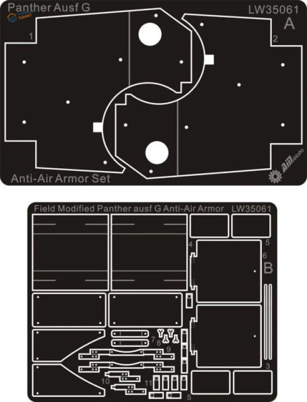 Black plastic model kit sheet with extra armor plates for 1/35 Photoetched Panther Ausf G Anti-Air Armor