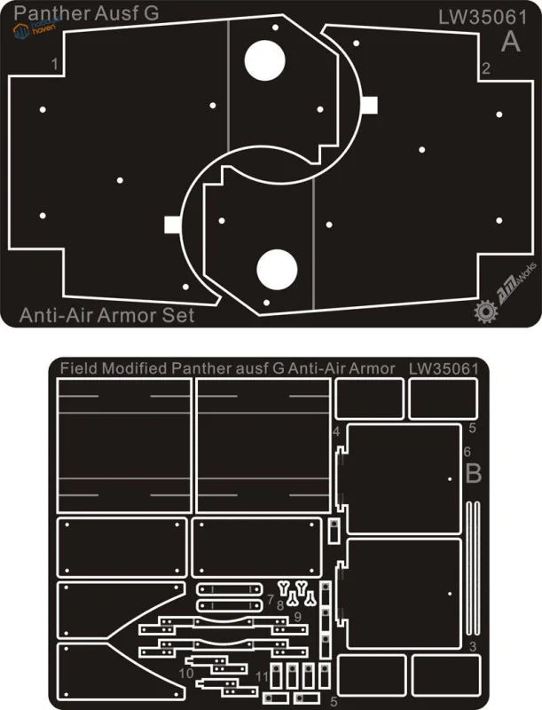 Black plastic model kit sheet with extra armor plates for 1/35 Panther Ausf G anti-air armor
