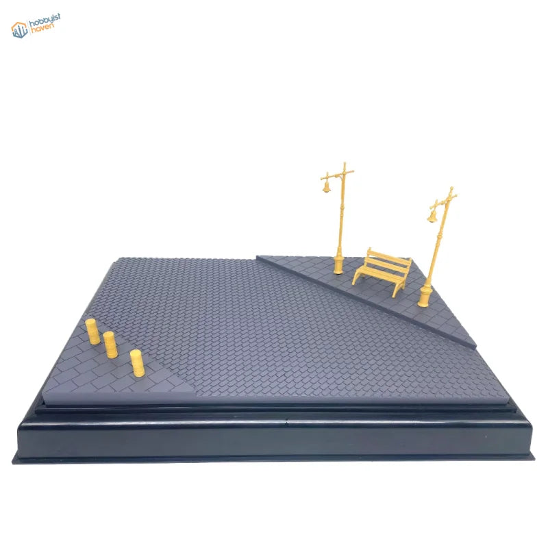 1/35 gray textured street diorama base with golden lampposts, bench for scale modeling
