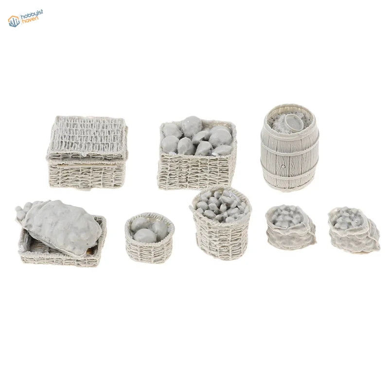 1/35 resin food baskets: miniature gray wicker baskets and barrels