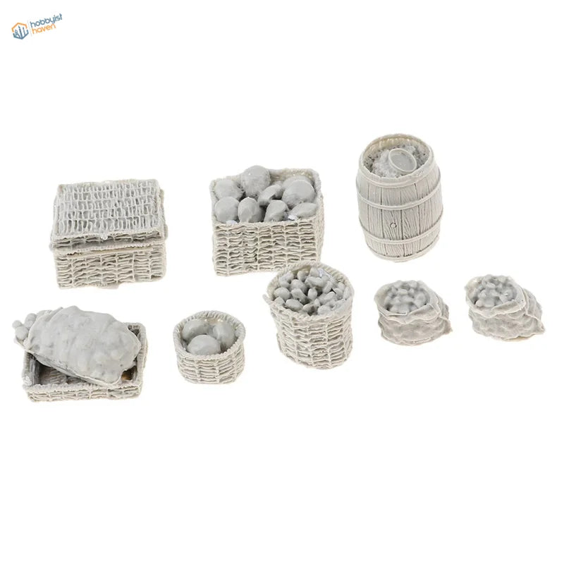 1/35 resin food baskets: miniature gray wicker baskets and barrels