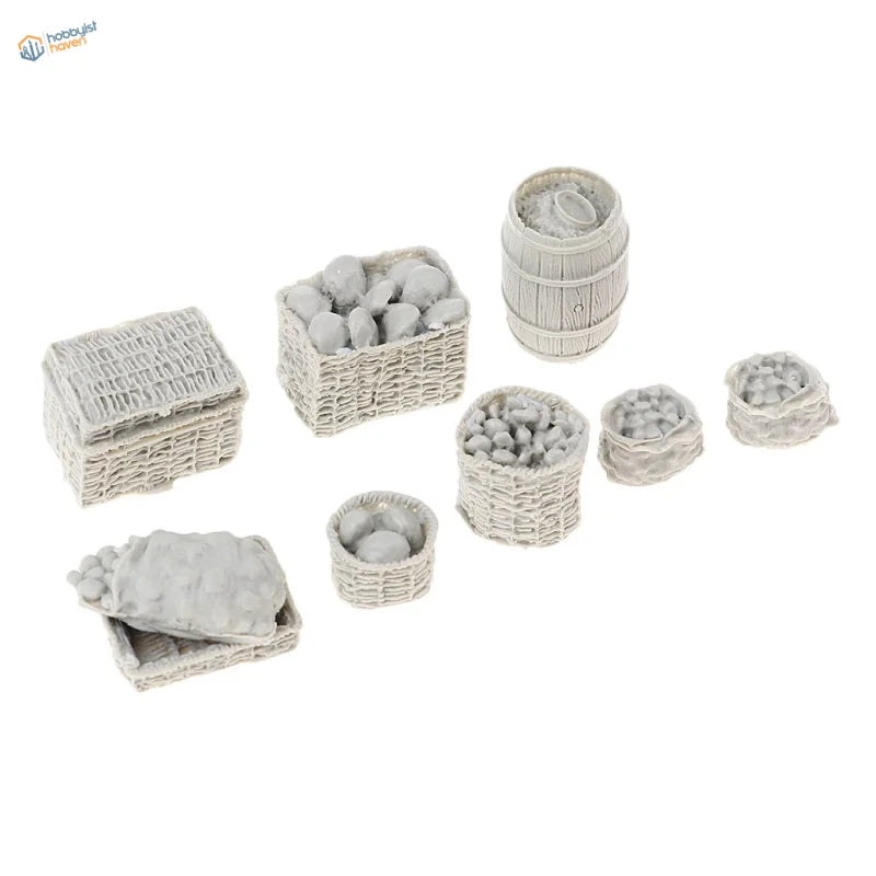 Gray 1/35 resin food baskets with faux produce in market scene