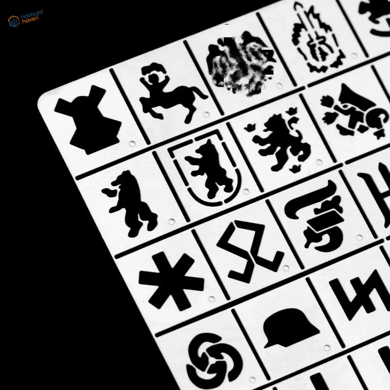 1/35 stencil for German heavy tank battalion symbols, white sheet with black heraldic emblems