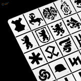 1/35 stencil for German heavy tank battalion symbols, white sheet with black heraldic emblems