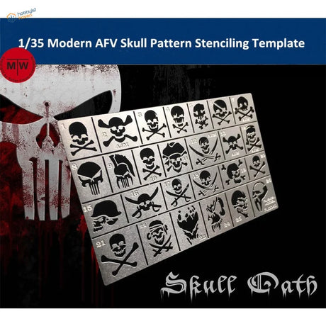 Silver 1/35 skull pattern stencils sheet with 35 pirate skull patterns
