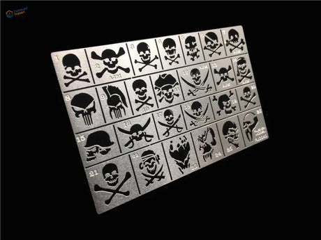 Silver 1/35 skull pattern stencils sheet with 34 pirate skull designs
