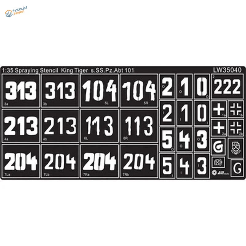 1/35 black stencils for WWII Tiger II Pz.Abt.101 with white grid decals
