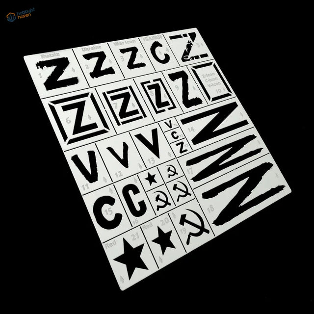 1/35 white plastic stencil with Russian invasion markings, Cyrillic, hammer-sickle