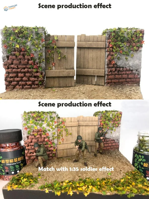 1/35 scale soldiers by ivy-covered gate with miniature tree leaves