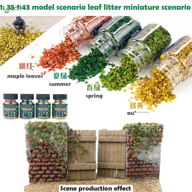 1/35-1/48 miniature tree leaves: clear bottles of colorful red green yellow textured tree leaves for model scenery