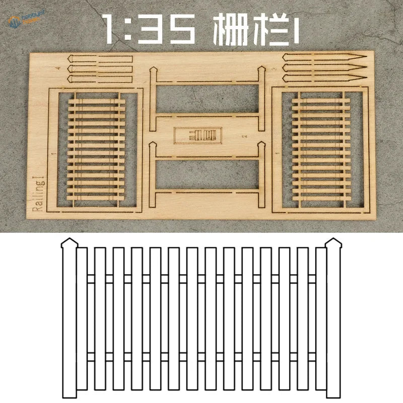1/35 light-colored wooden fences kit with laser-cut railings and drawing