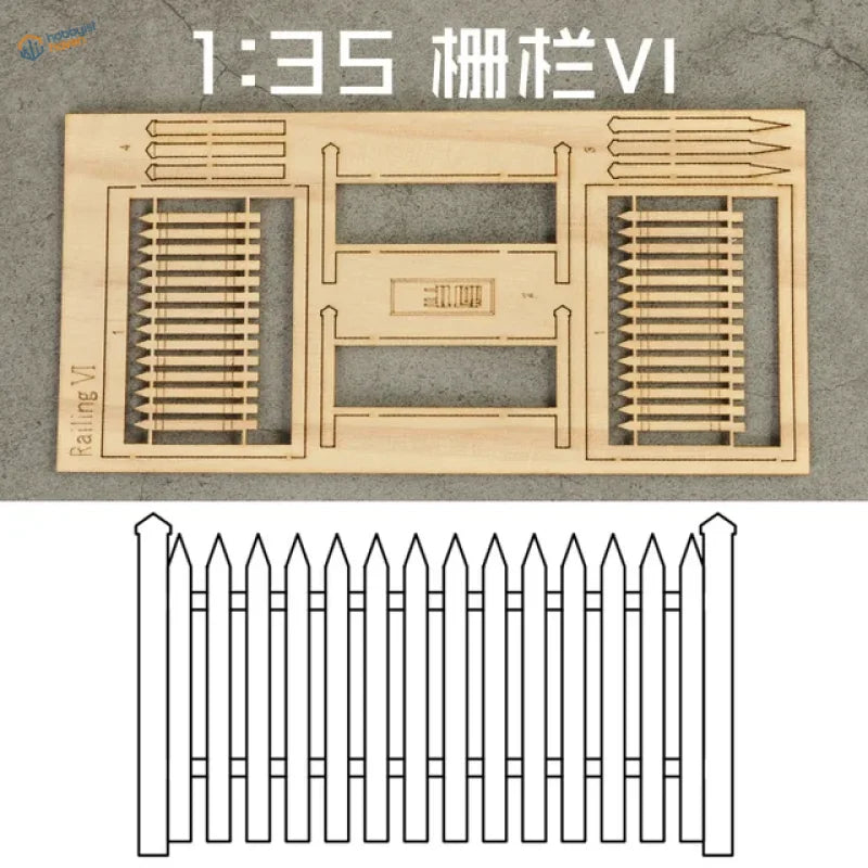 1/35 light-colored wooden fences scale model kit with pre-cut parts and diagram