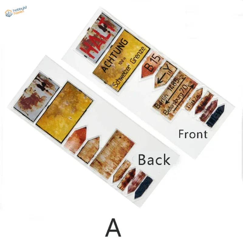 1/35 WWII model road signs: vintage weathered rust faded yellow European decals