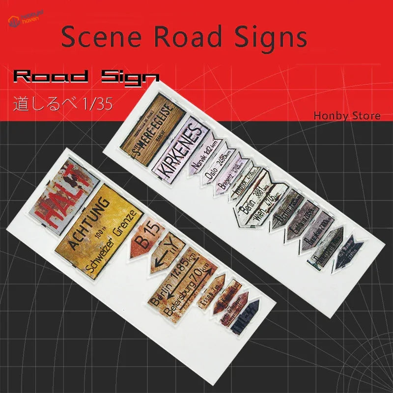 1/35 WWII model road signs: detailed weathered vintage designs
