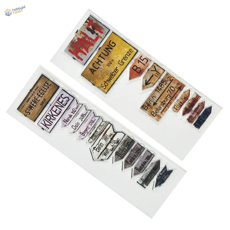 1/35 WWII model road signs: vintage stickers with weathered rust red, yellow textures