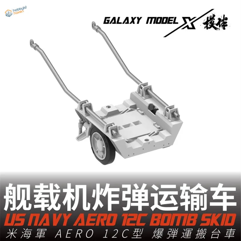 1/48 3D-printed silver US Navy Aero 12C bomb skid with black wheels