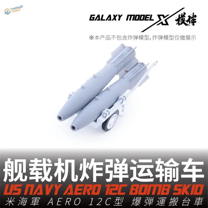 1/48 3D-printed US Navy bomb skid with Aero 12C missiles on wheeled platform