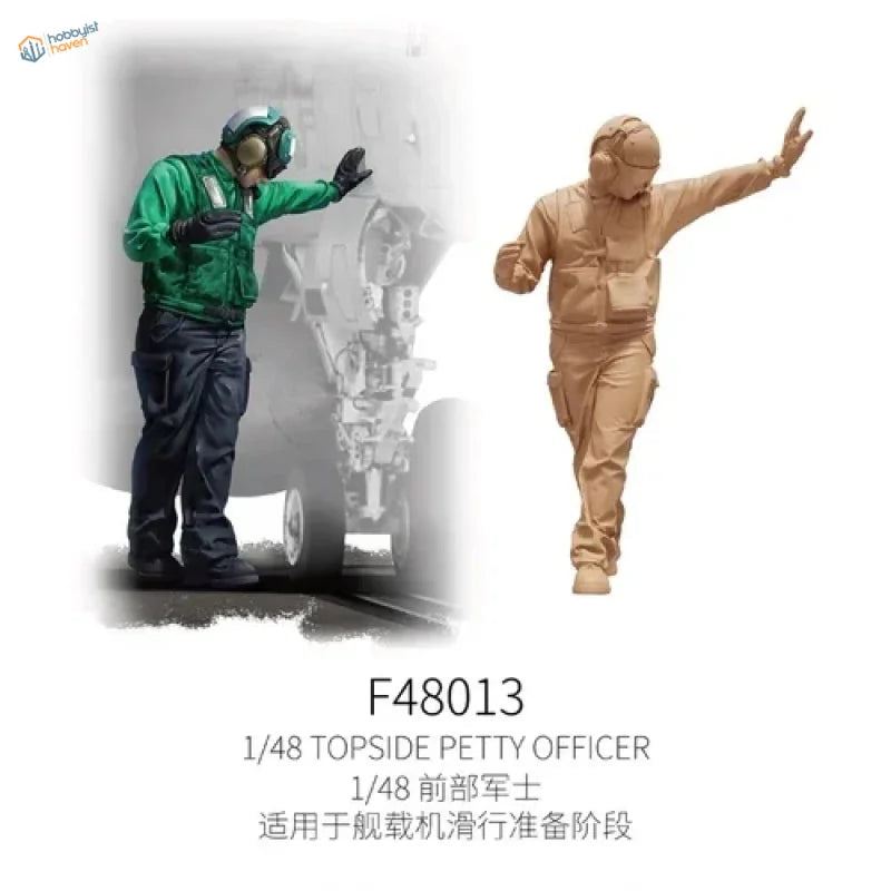 1/48 scale flight deck crew petty officer in tan flight suit with helmet and gloves beside green uniform counterpart