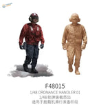 1/48 scale flight deck crew: ordnance handler in red flight suit beside tan gear figure
