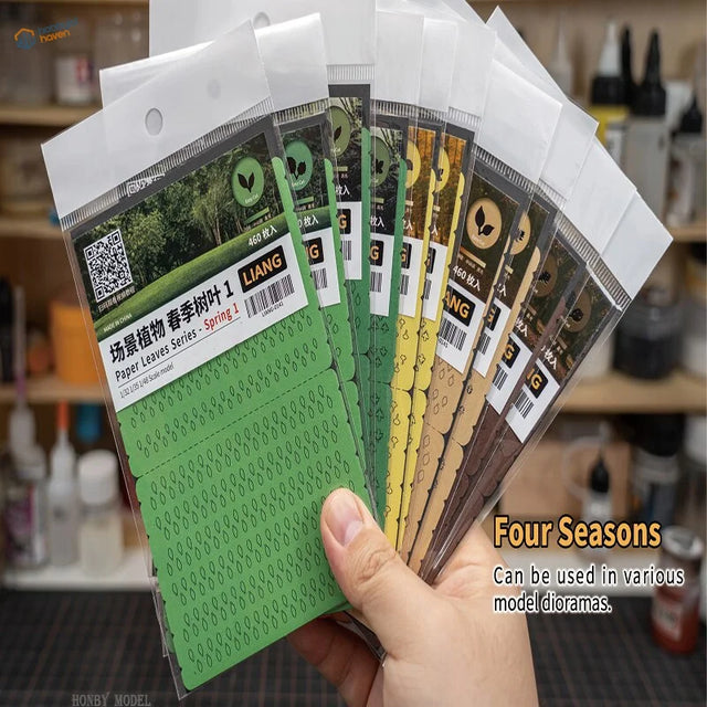 1/48 laser-cut paper leaves: 4 perforated seasonal green, yellow, brown, tan decals