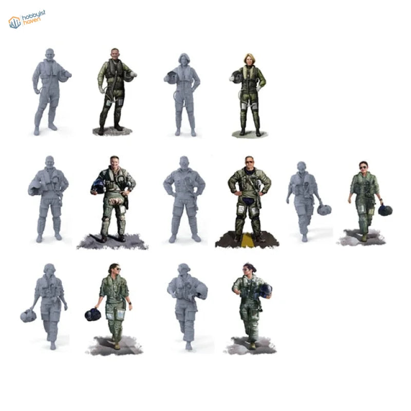 1/48 resin modern fighter pilots in gray green flight suits various poses