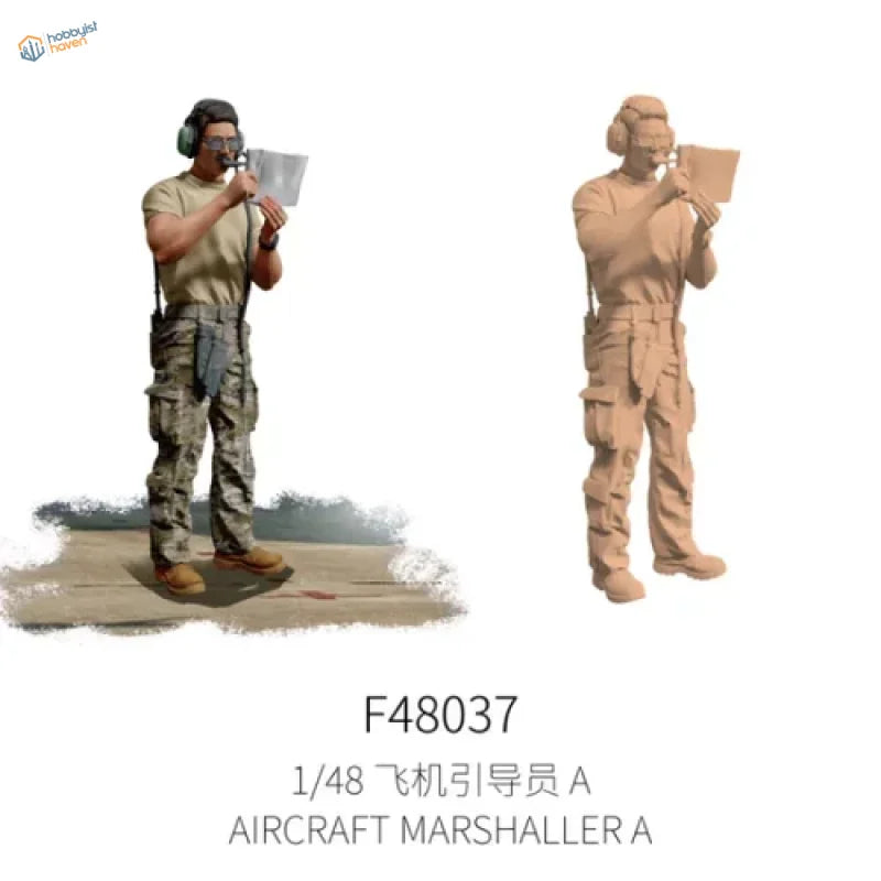 1/48 scale modern ground crew marshaller in tan uniform with headset and clipboard