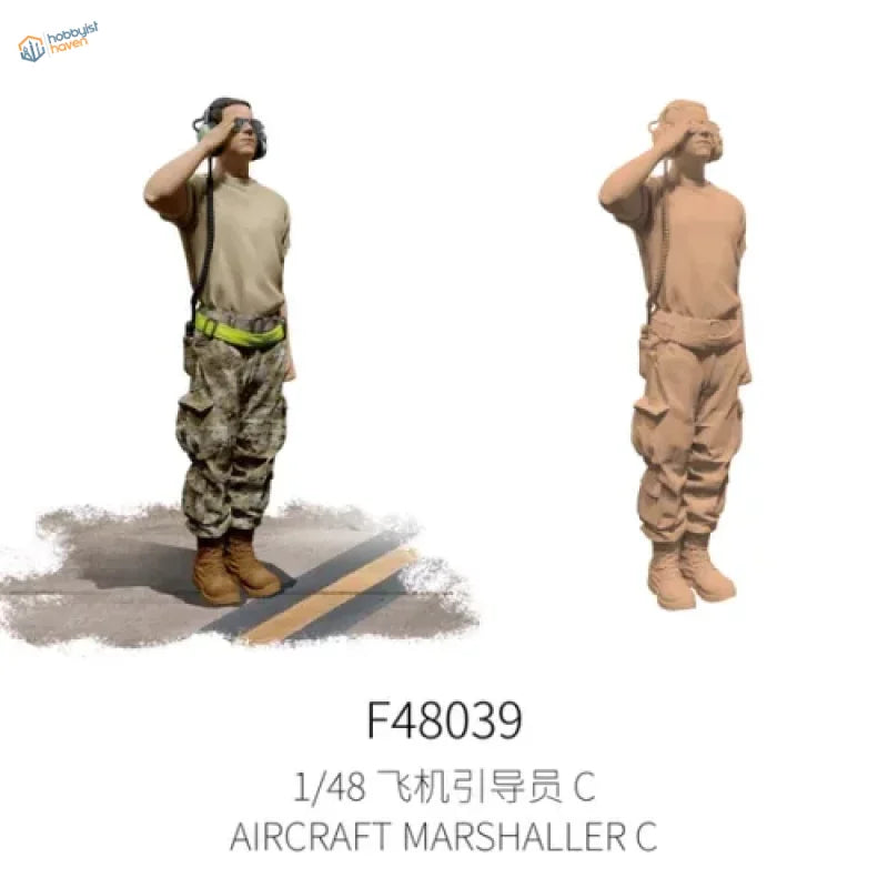 1/48 scale modern ground crew marshaller figure in tan uniform