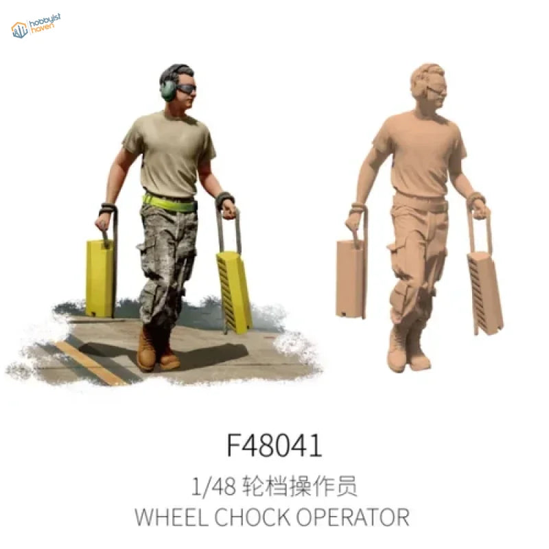 1/48 scale modern ground crew: tan uniform operator with headset, yellow tool cases