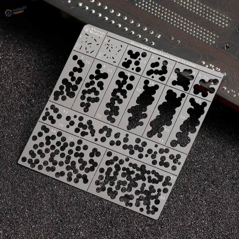 1/72 stencil for WWII German ambush camouflage, silver metal with black grid patterns