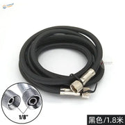 Black 1/8 inch braided airbrush hose with metallic connectors and knurled grip for paintball and airbrushing use