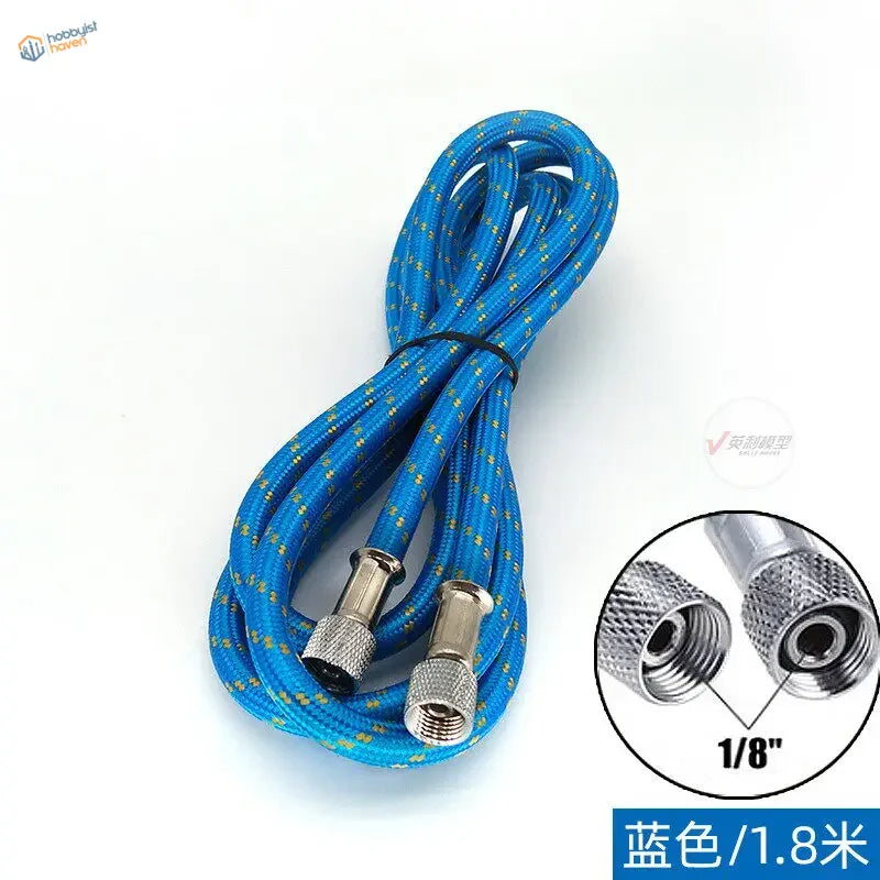 Blue braided airbrush hose with metallic 1/8 inch threaded connectors for airbrush applications