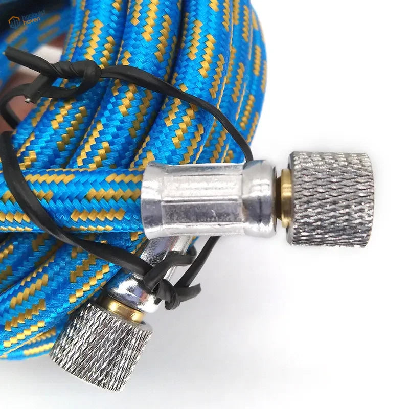 1/8 inch braided airbrush hose with blue and yellow braided design and metallic threaded connectors for airbrush use