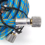 1/8 inch braided airbrush hose with blue and yellow braided design and metallic threaded connectors for airbrush use