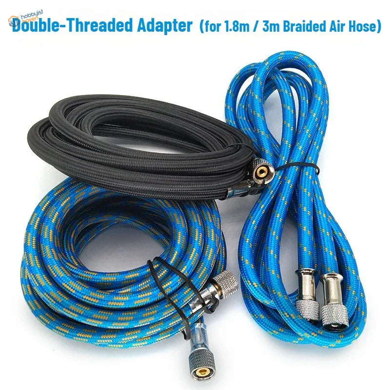 Blue and black braided airbrush hose with metallic threaded connectors suitable for precise airbrush applications