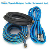 Blue and black braided airbrush hose with metallic threaded connectors suitable for precise airbrush applications