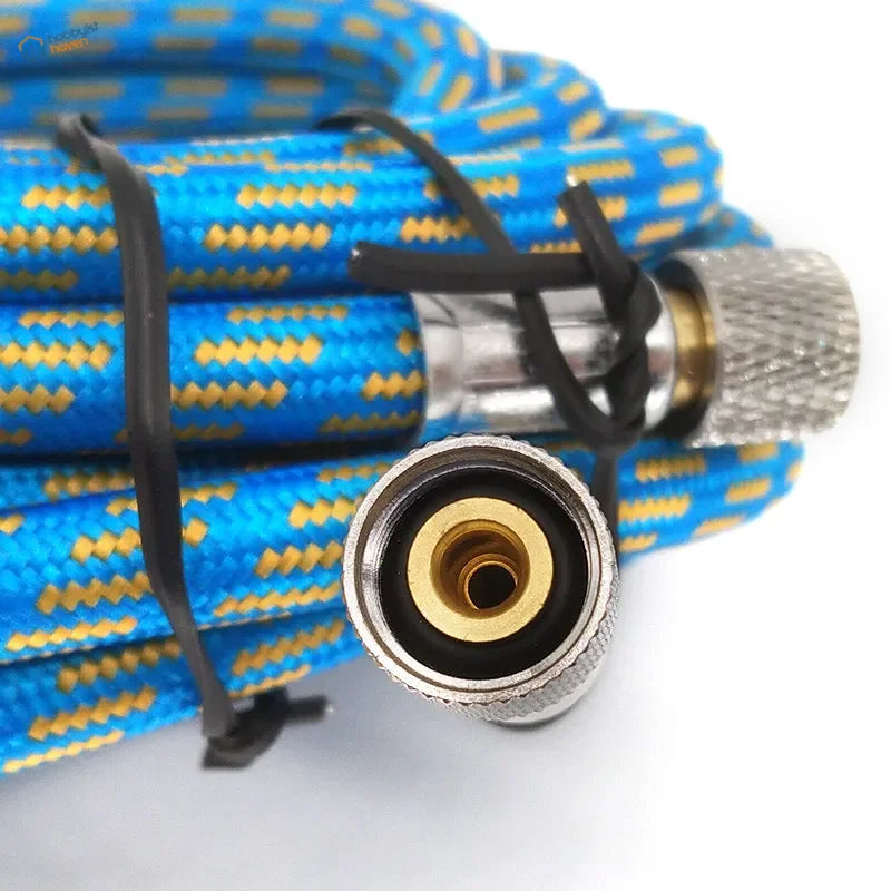 1/8 inch blue and yellow braided airbrush hose with metallic threaded connectors for precise airbrush use
