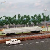 White plastic 1/87 HO scale flat car model on miniature railway track for use with scale modeling tools and model building tools