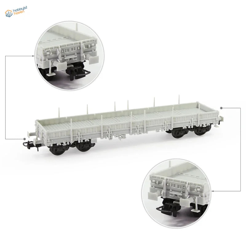 Gray plastic 1/87 HO scale 40ft flat car with black wheels and detailed undercarriage for model building tools use