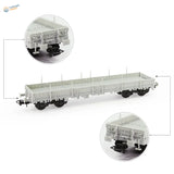 Gray plastic 1/87 HO scale 40ft flat car with black wheels and detailed undercarriage for model building tools use