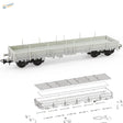 Gray plastic 1/87 ho scale 40ft flat car kit with black wheels and detailed railings for scale modeling tools use