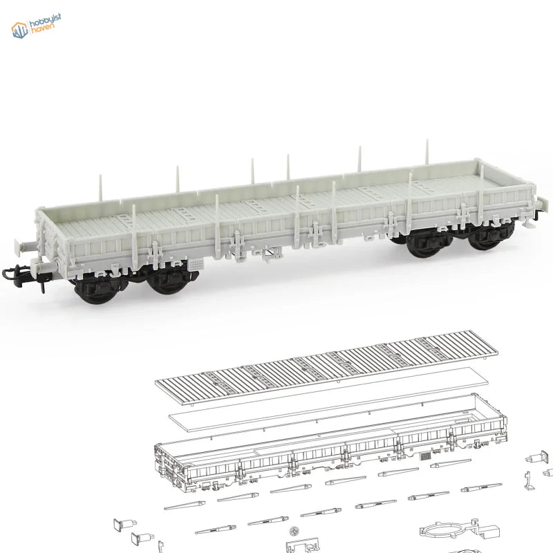 Gray plastic 1/87 ho scale 40ft flat car kit with black wheels and detailed railings for scale modeling tools use