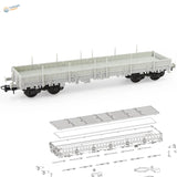 Gray plastic 1/87 ho scale 40ft flat car kit with black wheels and detailed railings for scale modeling tools use