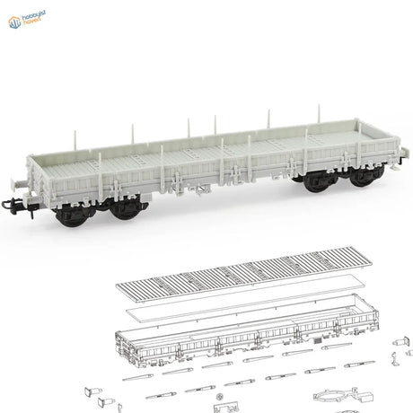 Gray plastic 1/87 ho scale 40ft flat car kit with black wheels and detailed railings for scale modeling tools use