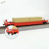 Red plastic flatcar model with beige containers featuring metal train wheels for 1/87 HO scale metal train use