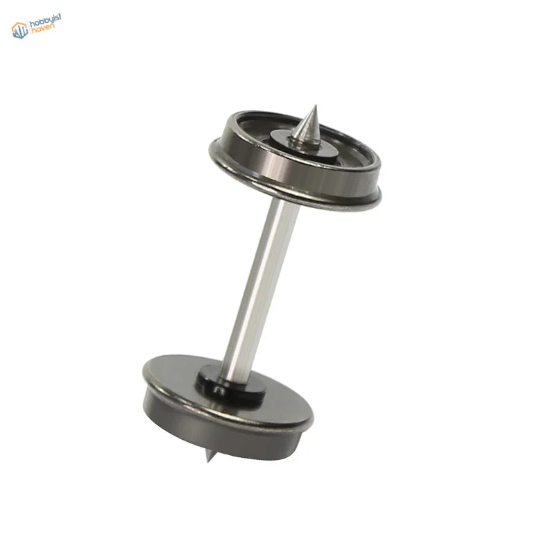 Black metal dumbbell-shaped pin with sharp spikes used with 1/87 HO scale metal train wheels for metal train models