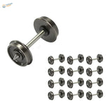 Metallic gray 1/87 ho scale metal train wheels with central axle and two circular flanges including one pointed tip