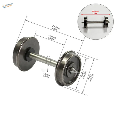 Black metal dumbbell-shaped 1/87 ho scale metal train wheels with pointed tips on circular ends for model trains