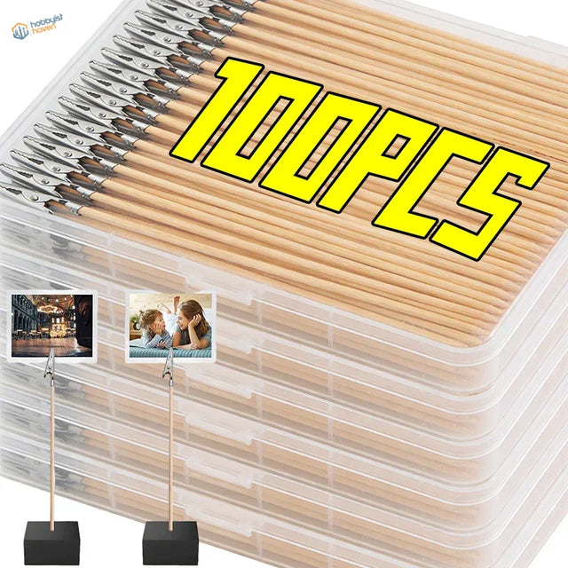100 wooden alligator clips with silver clasps in storage boxes, model building tools